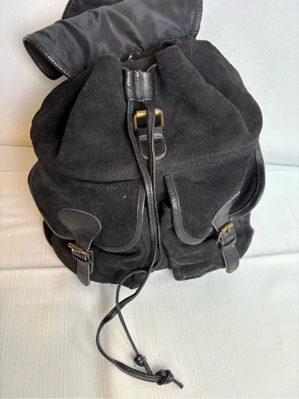 Vintage Handmade in Pakistan Genuine Suede Leather Buckle Drawstring Backpack